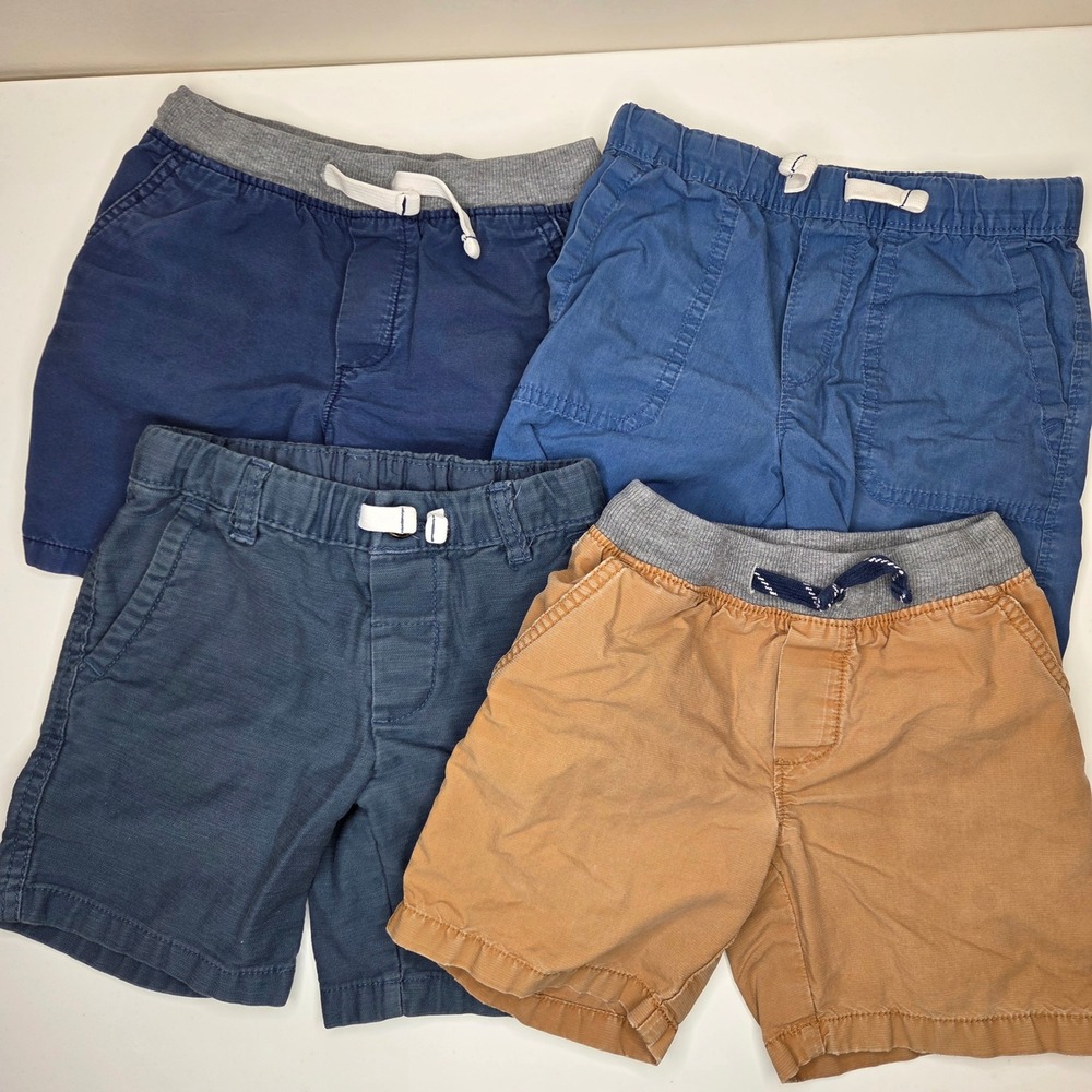 Carters Boys 4T Shorts Lot of 4 Blue Tan Brown Cotton Elastic Waist Pull On